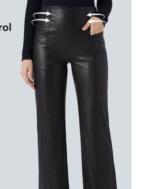 NWT Halara Faux Leather High Waist Tummy Control Flare Pant Pockets L Large Blk